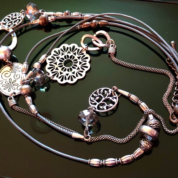 💖VTG Y2K Asymmetrical Boho Silver Filigree Beaded Cord Long 2 Strand Necklace🌸 - Picture 6 of 11